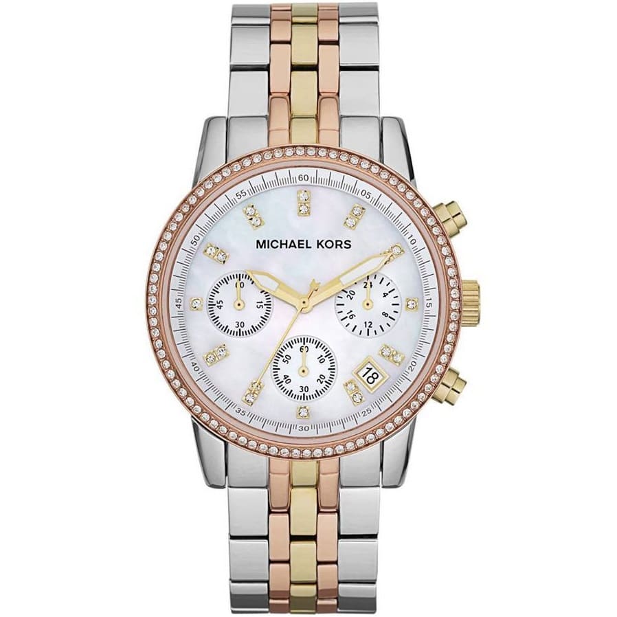 Michael Kors Ritz MK5650 37mm Women's Chronograph Watch – Mother Of Pearl with Two-Tone Stainless Steel Bracelet