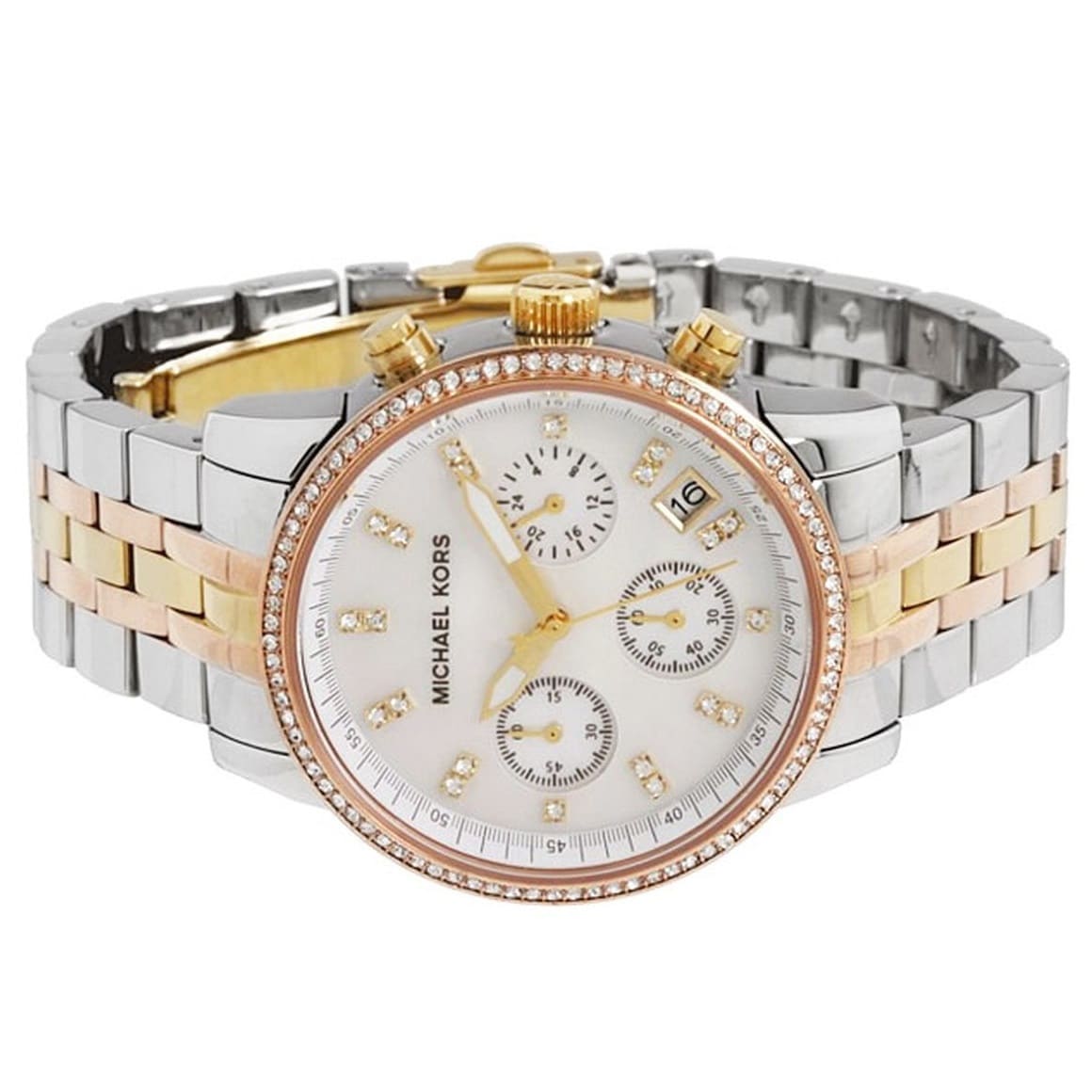 Michael Kors Ritz MK5650 37mm Women's Chronograph Watch – Mother Of Pearl with Two-Tone Stainless Steel Bracelet