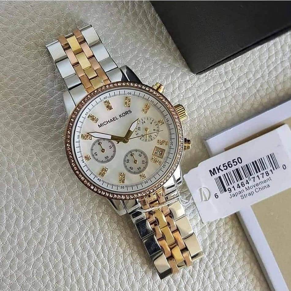Michael Kors Ritz MK5650 37mm Women's Chronograph Watch – Mother Of Pearl with Two-Tone Stainless Steel Bracelet