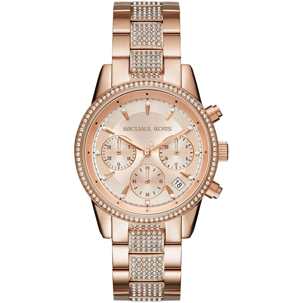 Michael Kors Ritz MK6485 37mm Women's Chronograph Watch – Sunray Rose Gold with Rose Gold Stainless Steel Bracelet