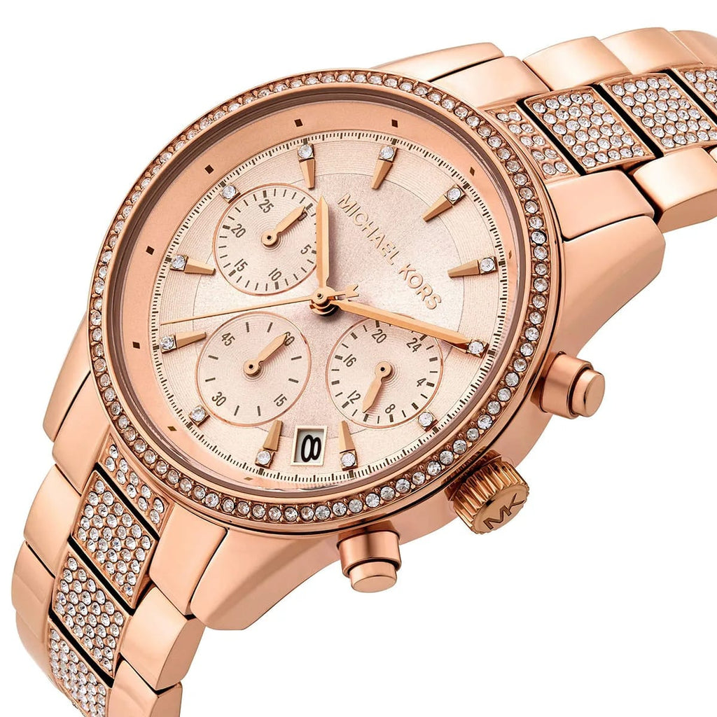 Michael Kors Ritz MK6485 37mm Women's Chronograph Watch – Sunray Rose Gold with Rose Gold Stainless Steel Bracelet