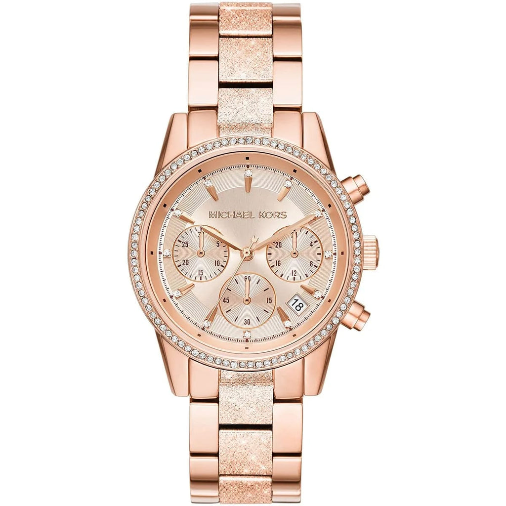 Michael Kors Ritz MK6598 37mm Women's Chronograph Watch – Sunray Rose Gold with Rose Gold Stainless Steel Bracelet