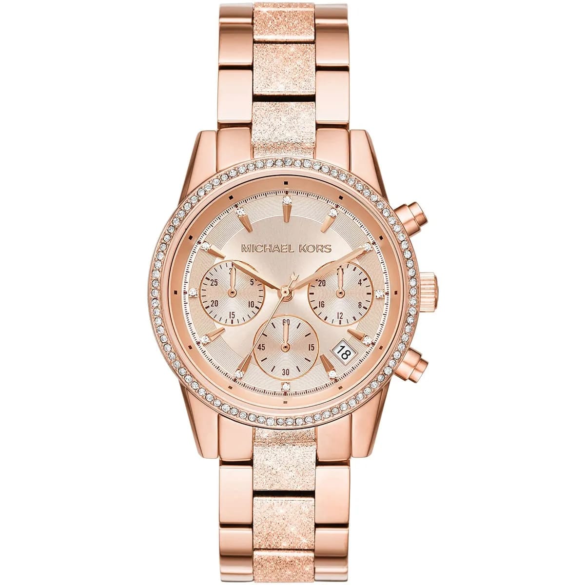 Michael Kors Ritz MK6598 37mm Women's Chronograph Watch – Sunray Rose Gold with Rose Gold Stainless Steel Bracelet
