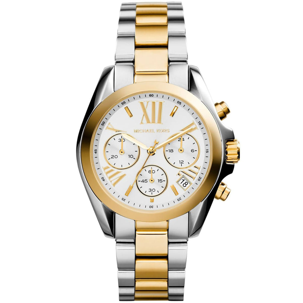 Michael Kors Bradshaw MK5974 43mm Women's Chronograph Watch – White with Two-Tone Stainless Steel Bracelet