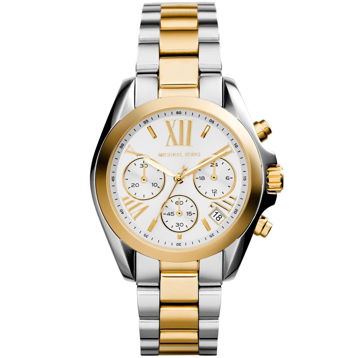 Michael Kors Bradshaw MK5974 43mm Women's Chronograph Watch – White with Two-Tone Stainless Steel Bracelet