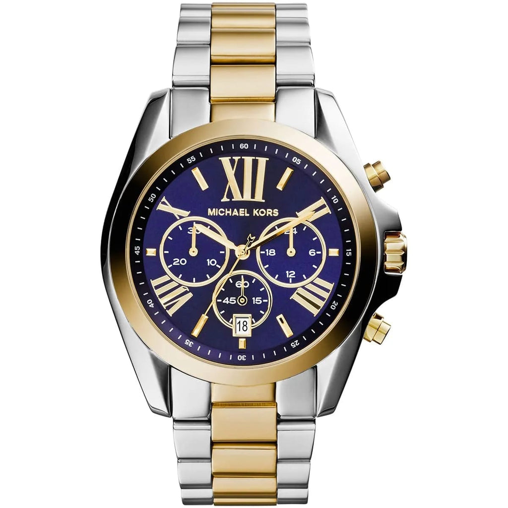Michael Kors Bradshaw MK5976 43mm Women's Chronograph Watch – Navy Blue with Two-Tone Stainless Steel Bracelet