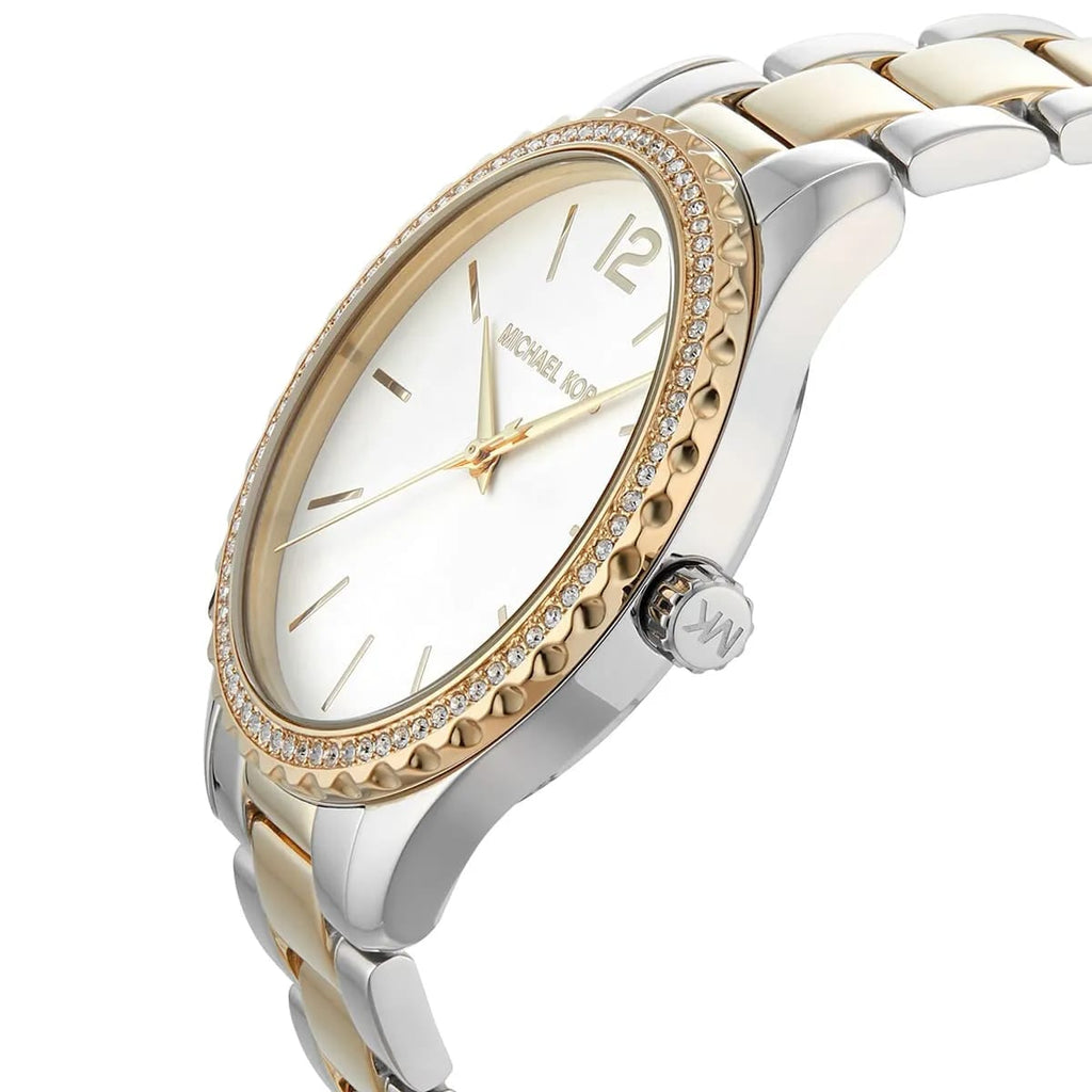 Michael Kors Layton MK6899 38mm Women's Quartz Watch – Sunray Silver with Two-Tone Stainless Steel Bracelet