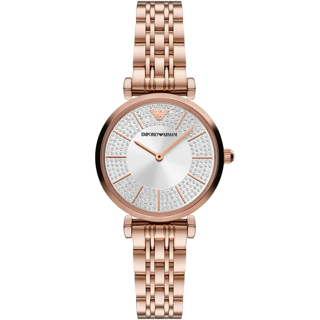 Emporio Armani Gianni T-Bar AR11446 32mm Women's Quartz Watch – Silver Crystal-Set & Rose Gold-Tone Stainless Steel Bracelet