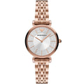 Emporio Armani Gianni T-Bar AR11446 32mm Women's Quartz Watch – Silver Crystal-Set & Rose Gold-Tone Stainless Steel Bracelet