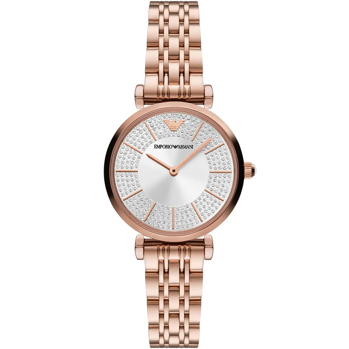 Emporio Armani Gianni T-Bar AR11446 32mm Women's Quartz Watch – Silver Crystal-Set & Rose Gold-Tone Stainless Steel Bracelet
