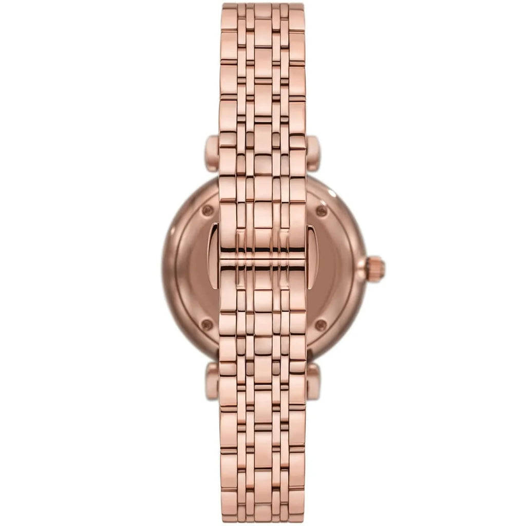 Emporio Armani Gianni T-Bar AR11446 32mm Women's Quartz Watch – Silver Crystal-Set & Rose Gold-Tone Stainless Steel Bracelet