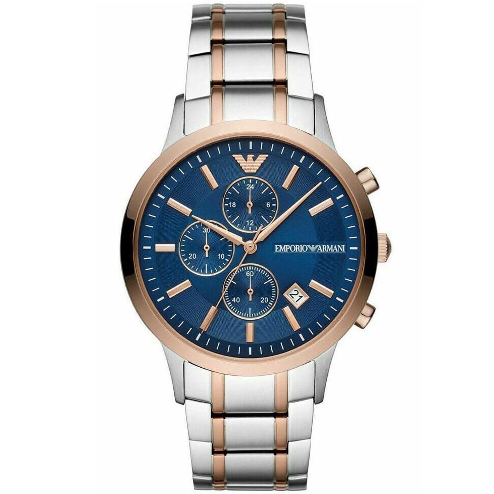 Emporio Armani Renato AR80025 43mm Men's Chronograph Watch – Blue Sunray & Rose Gold Stainless Steel Bracelet