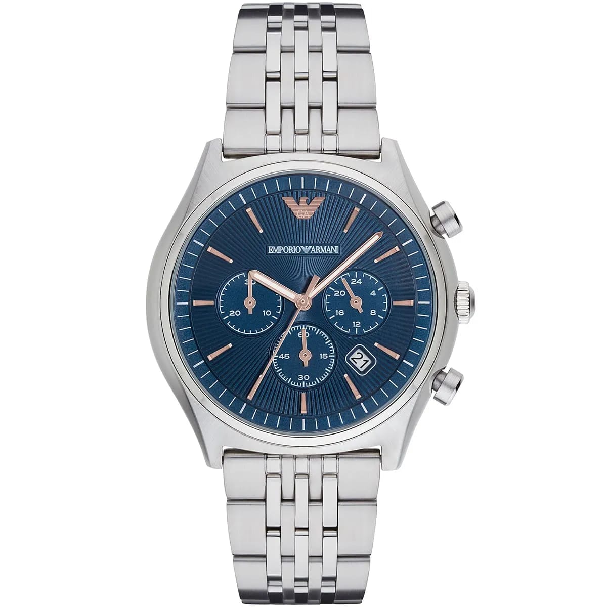 Emporio Armani Zeta AR1974 44mm Men's Chronograph Watch – Blue Sunray & Rose Gold Stainless Steel Bracelet