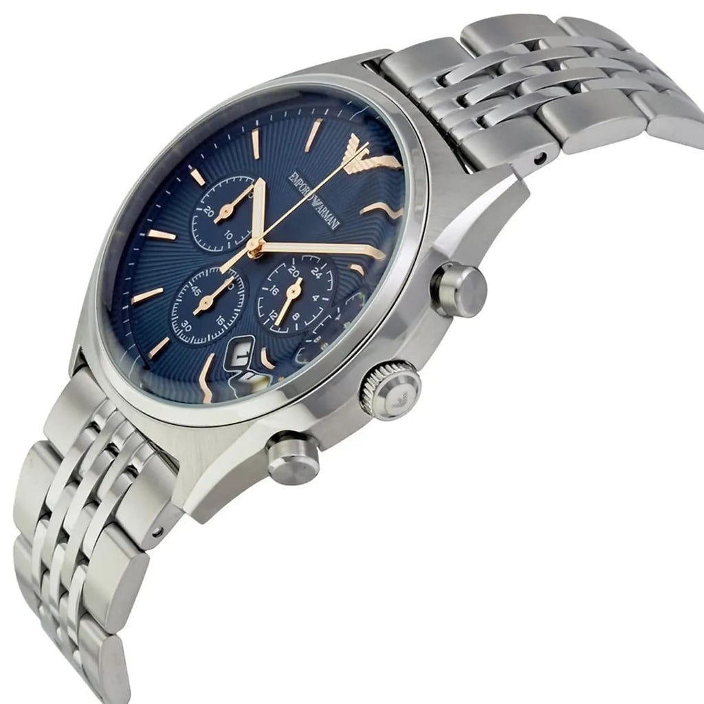 Emporio Armani Zeta AR1974 44mm Men's Chronograph Watch – Blue Sunray & Rose Gold Stainless Steel Bracelet