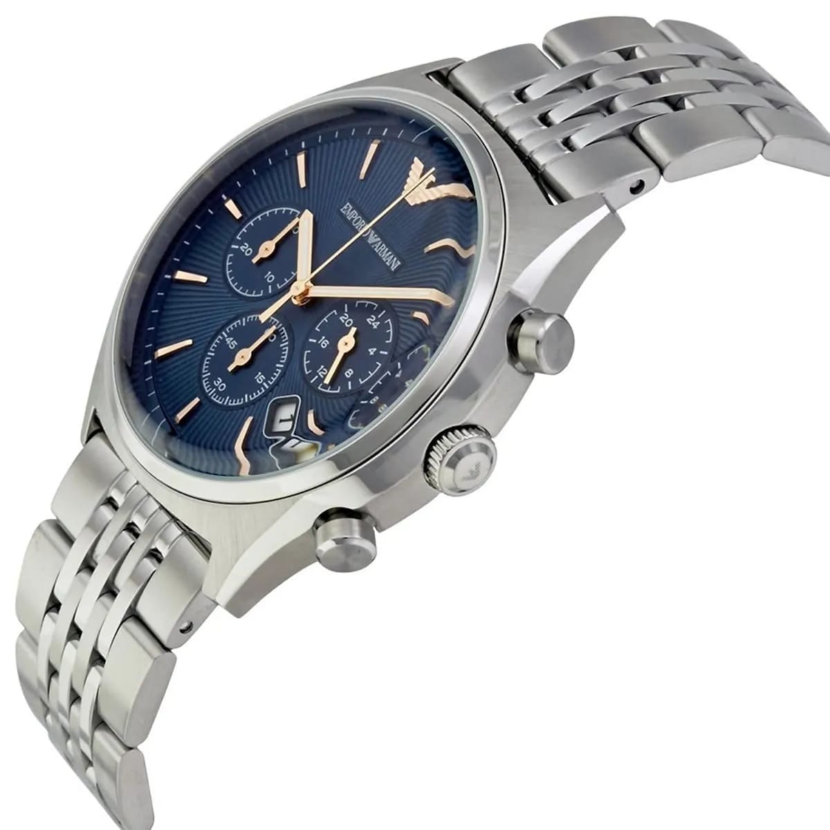 Emporio Armani Zeta AR1974 44mm Men's Chronograph Watch – Blue Sunray & Rose Gold Stainless Steel Bracelet