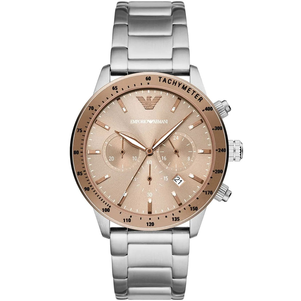 Emporio Armani Mario AR11352 43mm Men's Chronograph Watch – Champagne Sunray & Rose Gold Stainless Steel Bracelet