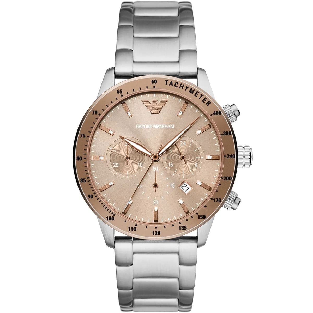 Emporio Armani Mario AR11352 43mm Men's Chronograph Watch – Champagne Sunray & Rose Gold Stainless Steel Bracelet