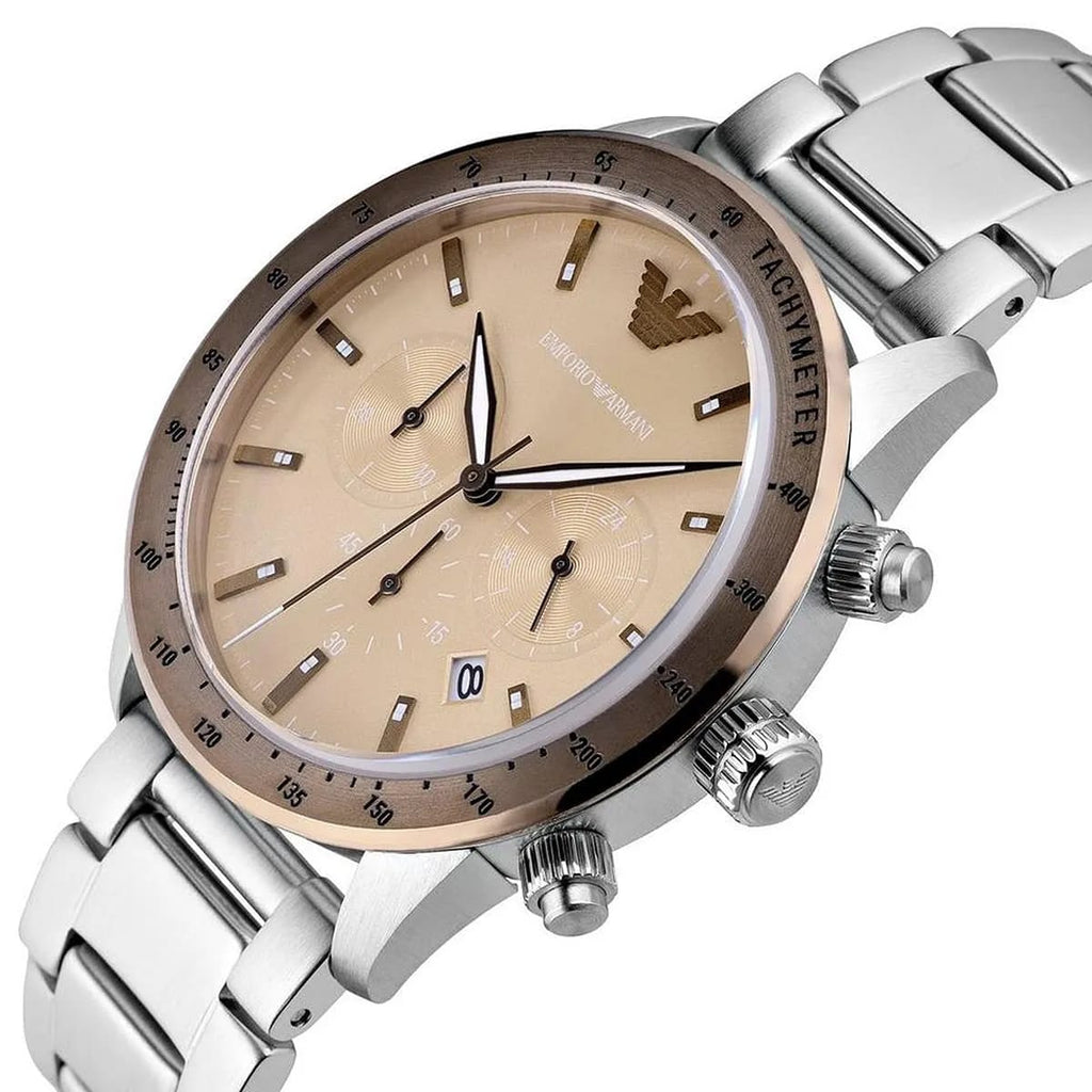 Emporio Armani Mario AR11352 43mm Men's Chronograph Watch – Champagne Sunray & Rose Gold Stainless Steel Bracelet