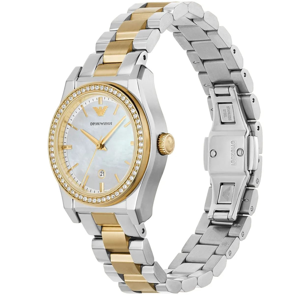Emporio Armani Federica AR11559 32mm Women's Quartz Watch – Mother-of-Pearl Crystal-Set & Two-Tone Silver and Rose Gold Stainless Steel Bracelet