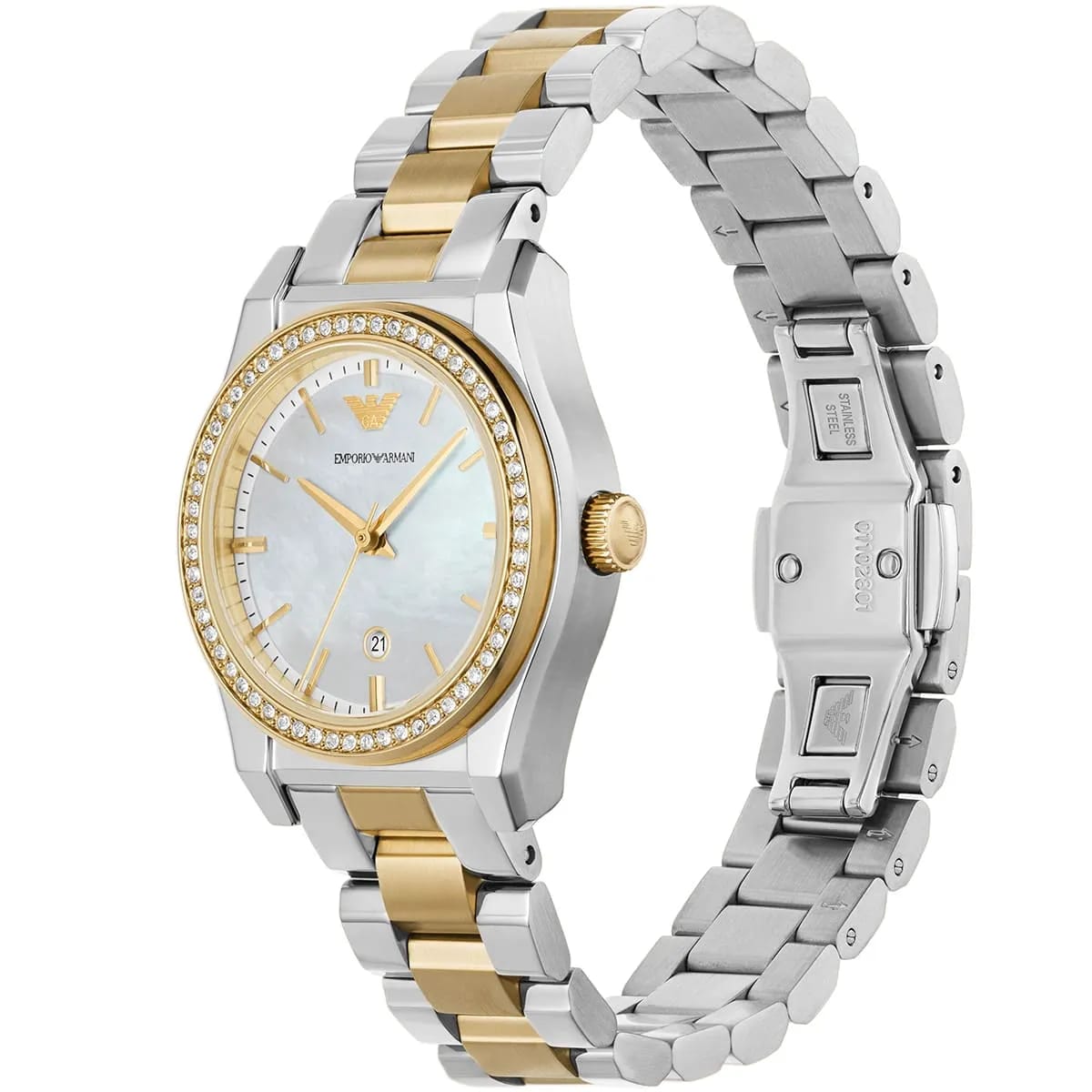 Emporio Armani Federica AR11559 32mm Women's Quartz Watch – Mother-of-Pearl Crystal-Set & Two-Tone Silver and Rose Gold Stainless Steel Bracelet