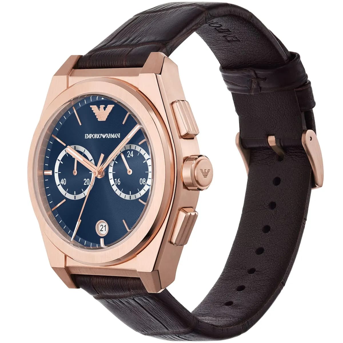 Emporio Armani Federico AR11563 42mm Men's Chronograph Watch – Blue Sunray & Rose Gold Genuine Leather Strap
