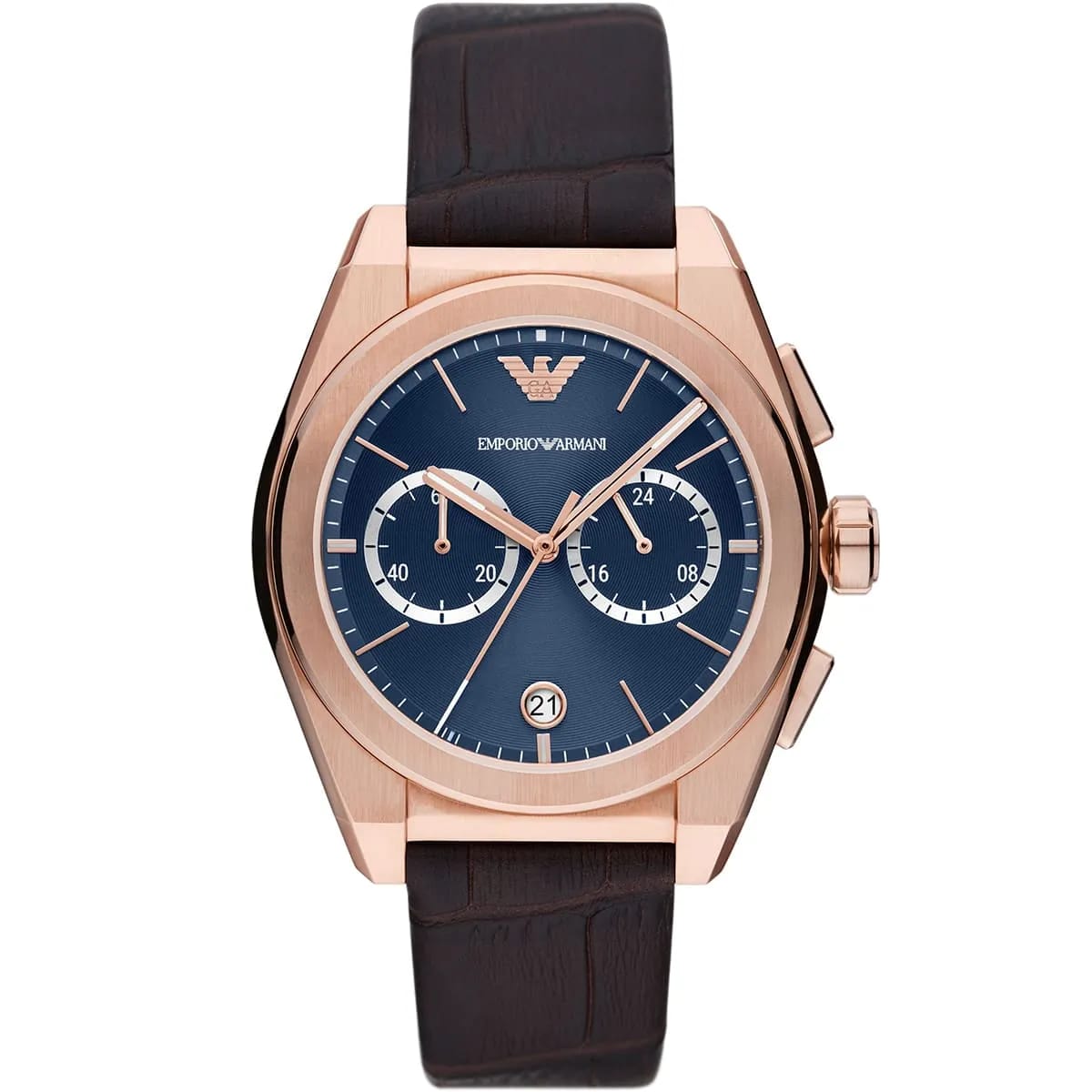 Emporio Armani Federico AR11563 42mm Men's Chronograph Watch – Blue Sunray & Rose Gold Genuine Leather Strap