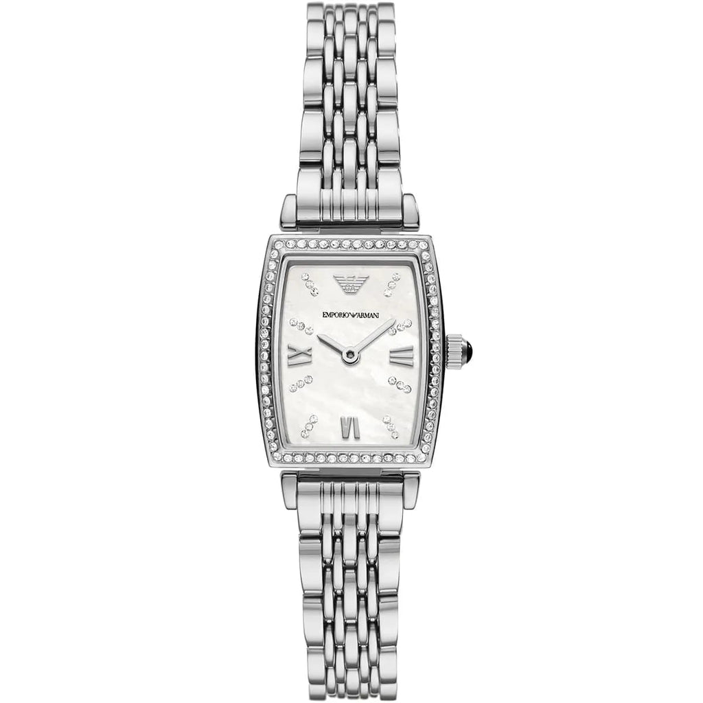 Emporio Armani Gianni T-Bar AR11405 28mm Women's Quartz Watch – Mother-of-Pearl & Silver-Tone Stainless Steel Bracelet