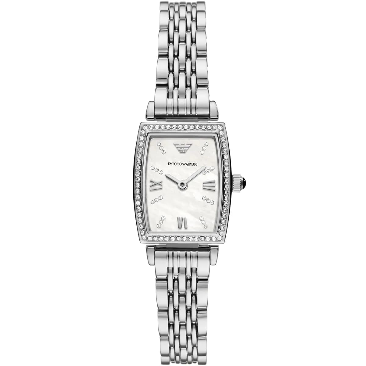 Emporio Armani Gianni T-Bar AR11405 28mm Women's Quartz Watch – Mother-of-Pearl & Silver-Tone Stainless Steel Bracelet