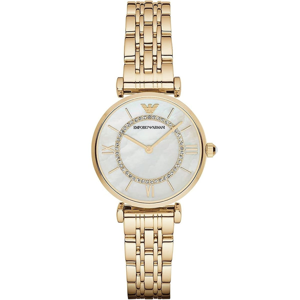 Emporio Armani Gianni T-Bar AR1907 32mm Women's Quartz Watch – Mother-of-Pearl & Gold-Tone Stainless Steel Bracelet