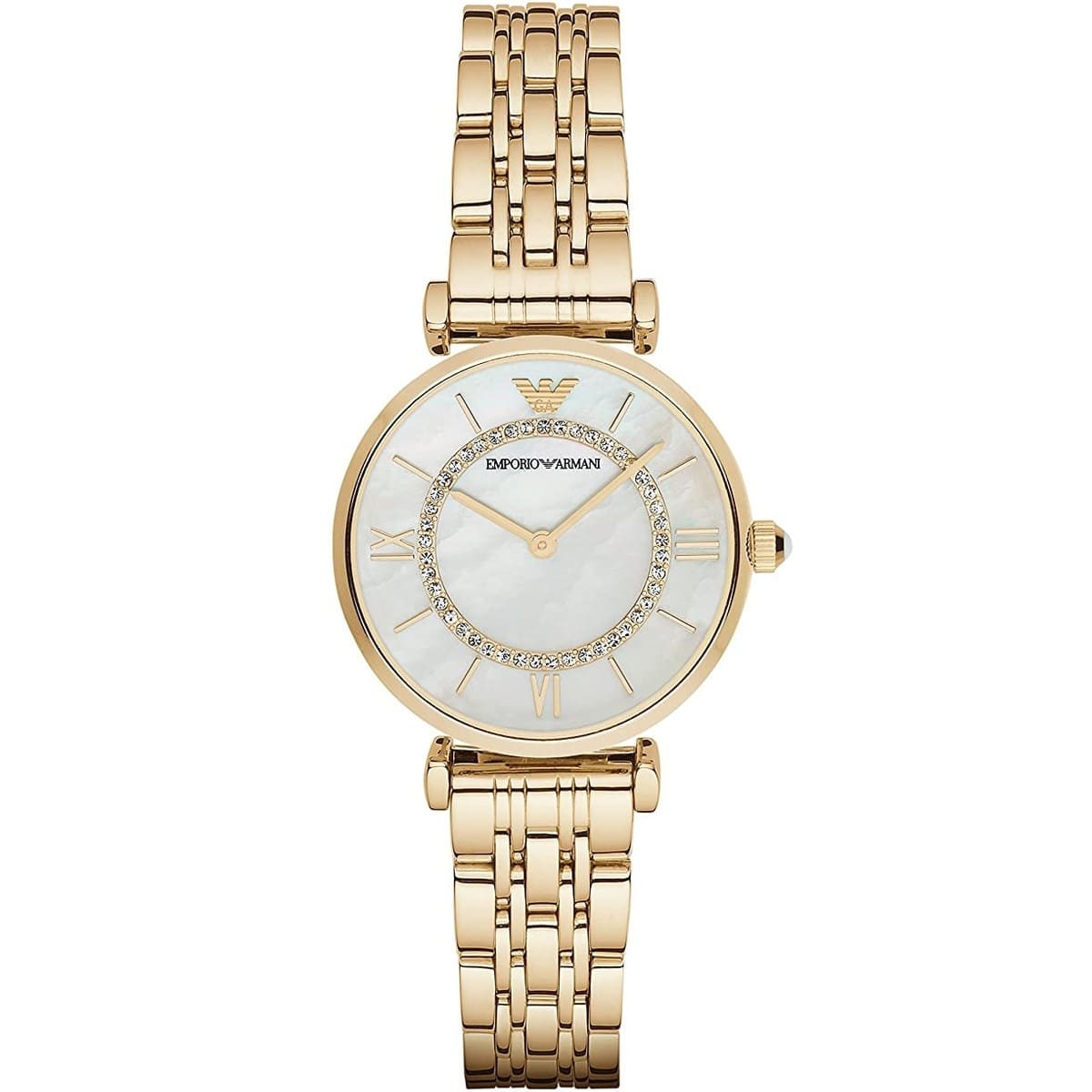Emporio Armani Gianni T-Bar AR1907 32mm Women's Quartz Watch – Mother-of-Pearl & Gold-Tone Stainless Steel Bracelet