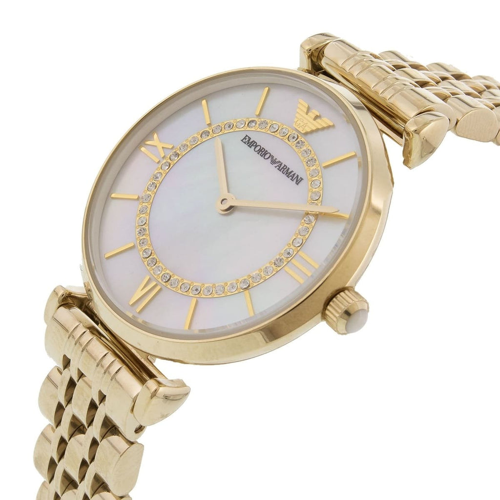 Emporio Armani Gianni T-Bar AR1907 32mm Women's Quartz Watch – Mother-of-Pearl & Gold-Tone Stainless Steel Bracelet