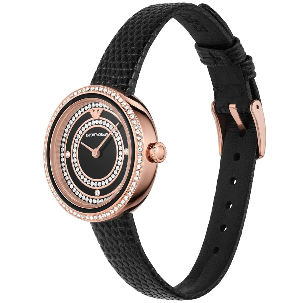 Emporio Armani Rosa AR11493 32mm Women's Quartz Watch – Black & Rose Gold-Tone Genuine Leather Strap