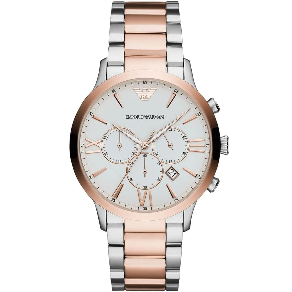 Emporio Armani Giovanni AR11209 43mm Men's Chronograph Watch – White & Rose Gold Stainless Steel Bracelet