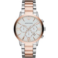 Emporio Armani Giovanni AR11209 43mm Men's Chronograph Watch – White & Rose Gold Stainless Steel Bracelet