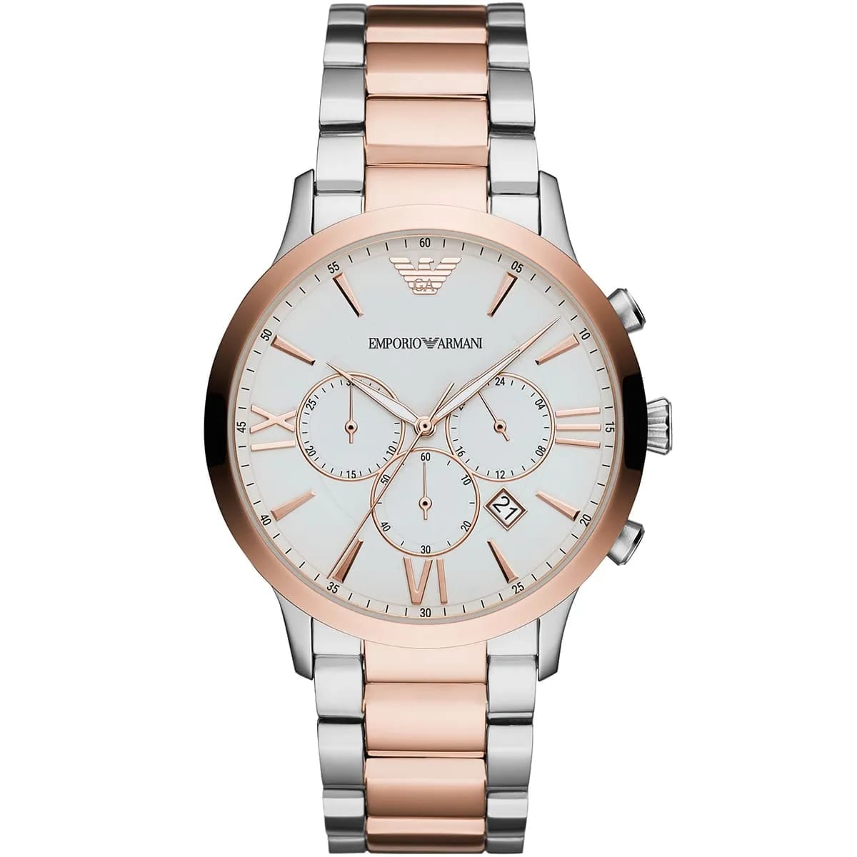Emporio Armani Giovanni AR11209 43mm Men's Chronograph Watch – White & Rose Gold Stainless Steel Bracelet