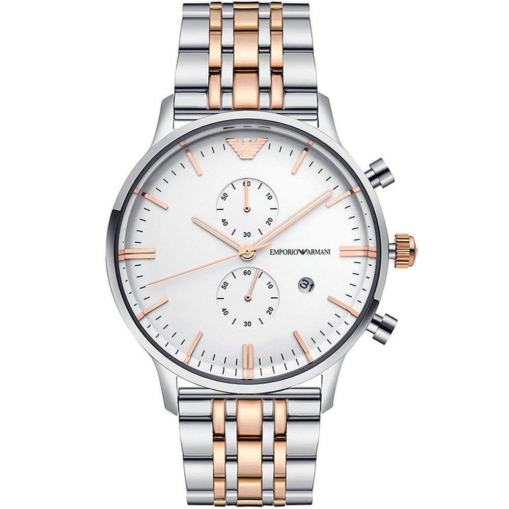 Emporio Armani Gianni AR0399 43mm Men's Chronograph Watch – Silver & Rose Gold Stainless Steel Bracelet