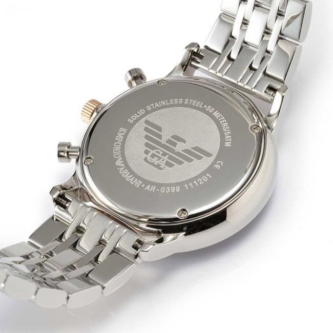 Emporio Armani Gianni AR0399 43mm Men's Chronograph Watch – Silver & Rose Gold Stainless Steel Bracelet