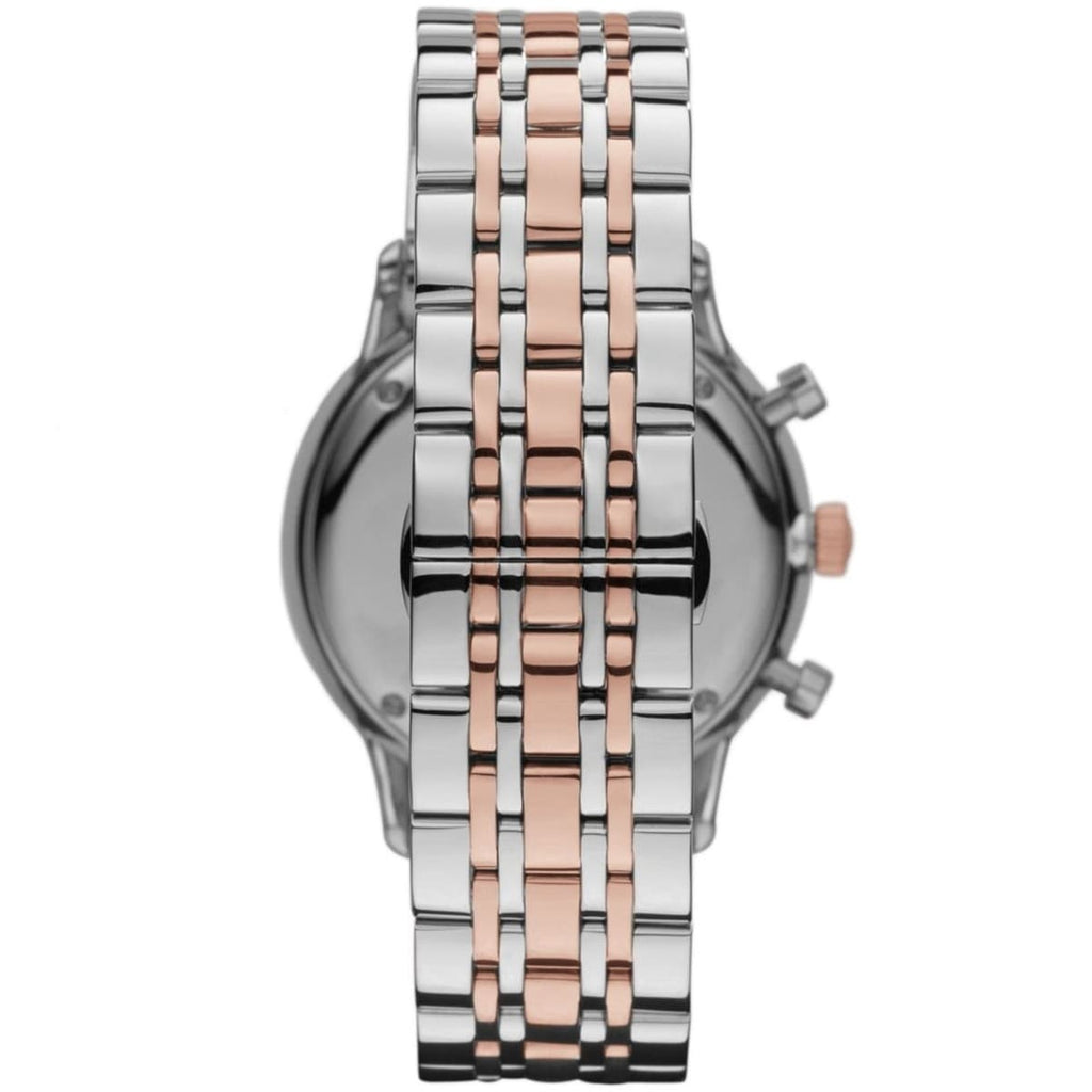 Emporio Armani Gianni AR0399 43mm Men's Chronograph Watch – Silver & Rose Gold Stainless Steel Bracelet