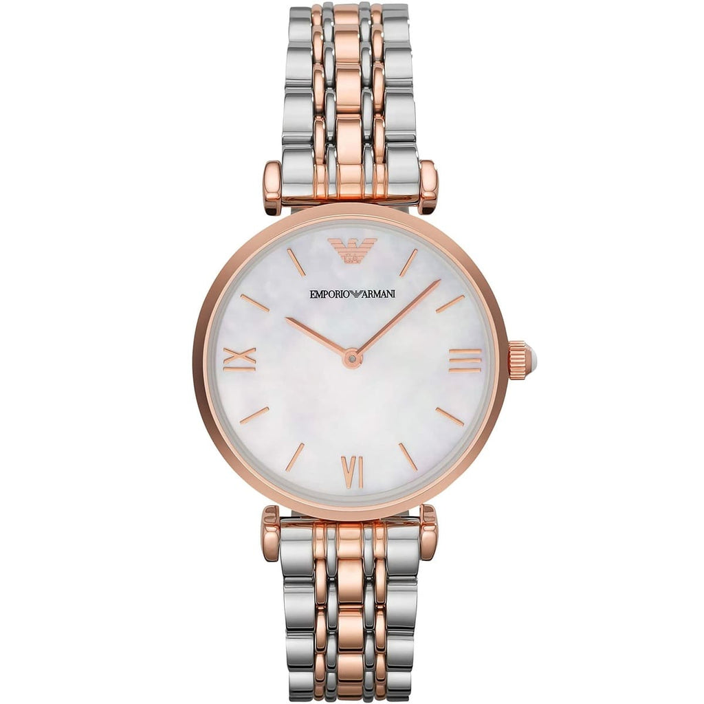 Emporio Armani Gianni T-Bar AR1683 32mm Women's Quartz Watch – Mother-of-Pearl & Two-Tone Silver and Rose Gold Stainless Steel Bracelet