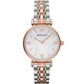 Emporio Armani Gianni T-Bar AR1683 32mm Women's Quartz Watch – Mother-of-Pearl & Two-Tone Silver and Rose Gold Stainless Steel Bracelet