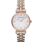 Emporio Armani Gianni T-Bar AR1683 32mm Women's Quartz Watch – Mother-of-Pearl & Two-Tone Silver and Rose Gold Stainless Steel Bracelet