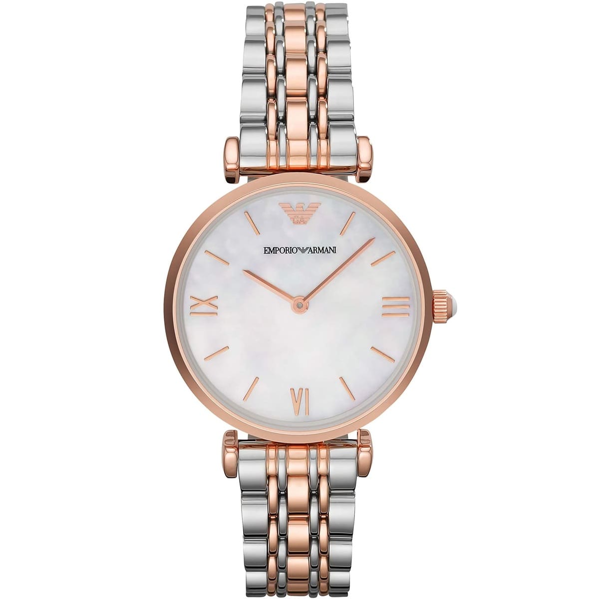 Emporio Armani Gianni T-Bar AR1683 32mm Women's Quartz Watch – Mother-of-Pearl & Two-Tone Silver and Rose Gold Stainless Steel Bracelet