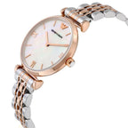 Emporio Armani Gianni T-Bar AR1683 32mm Women's Quartz Watch – Mother-of-Pearl & Two-Tone Silver and Rose Gold Stainless Steel Bracelet