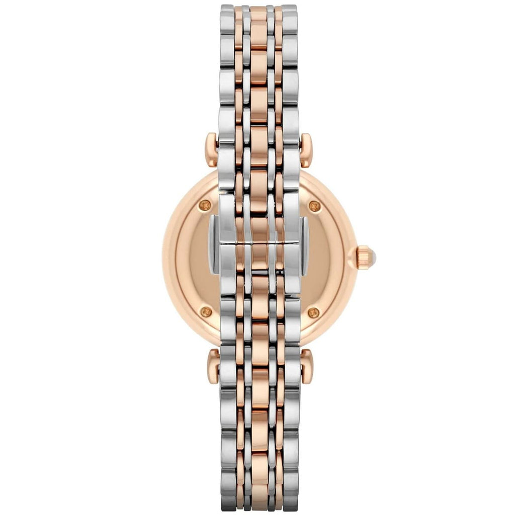 Emporio Armani Gianni T-Bar AR1683 32mm Women's Quartz Watch – Mother-of-Pearl & Two-Tone Silver and Rose Gold Stainless Steel Bracelet