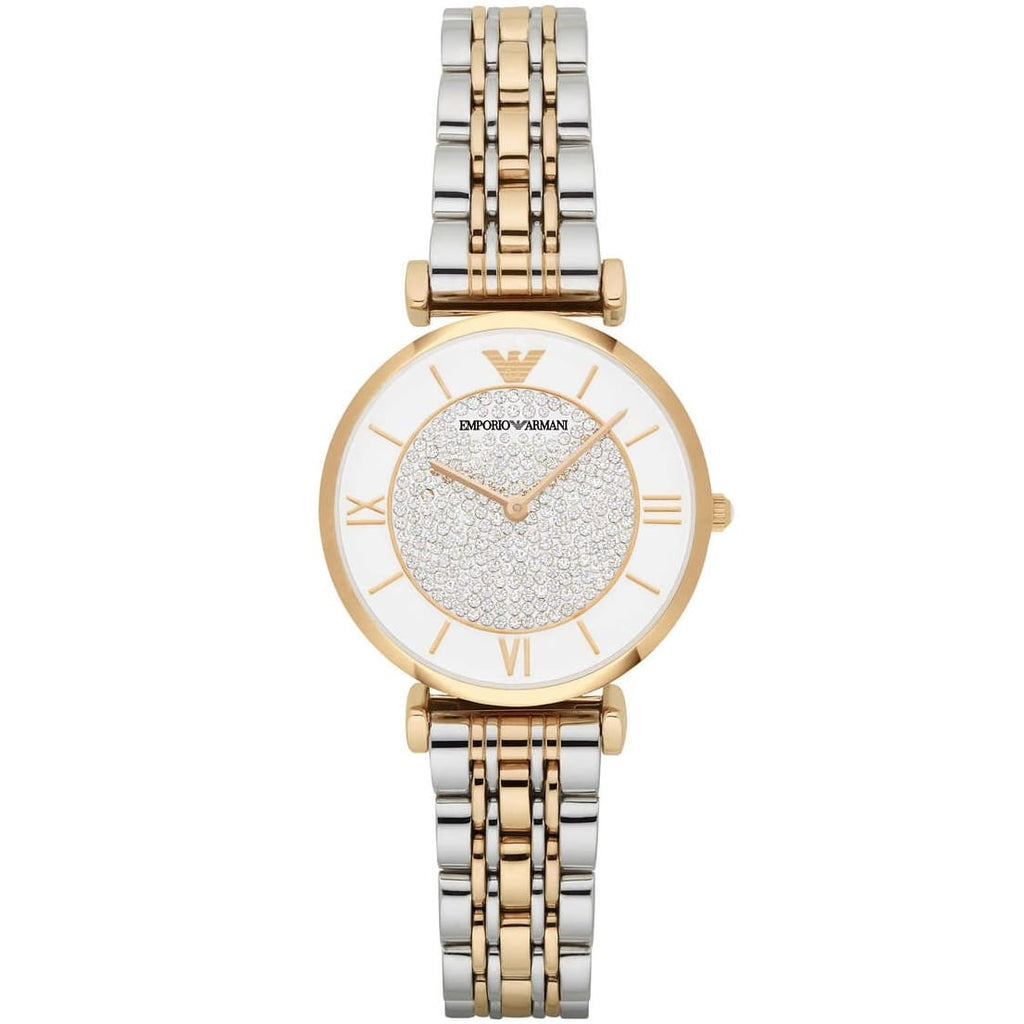 Emporio Armani Gianni T-Bar AR2076 32mm Women's Quartz Watch – Two-Tone Crystal-Set & Two-Tone Silver and Rose Gold Stainless Steel Bracelet