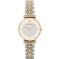 Emporio Armani Gianni T-Bar AR2076 32mm Women's Quartz Watch – Two-Tone Crystal-Set & Two-Tone Silver and Rose Gold Stainless Steel Bracelet