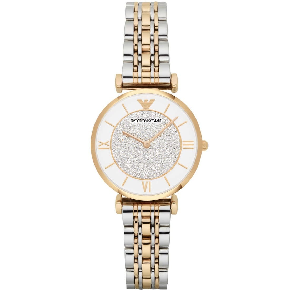 Emporio Armani Gianni T-Bar AR2076 32mm Women's Quartz Watch – Two-Tone Crystal-Set & Two-Tone Silver and Rose Gold Stainless Steel Bracelet
