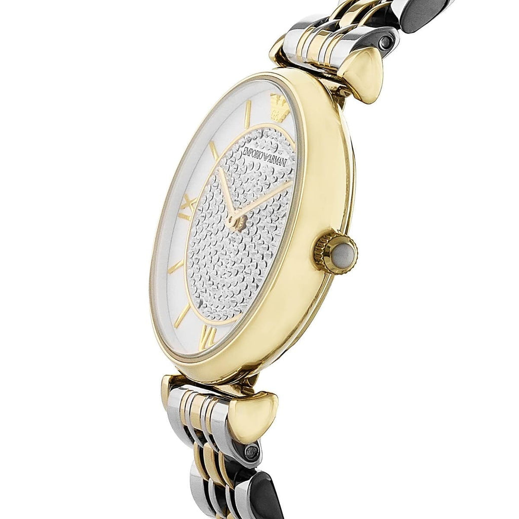 Emporio Armani Gianni T-Bar AR2076 32mm Women's Quartz Watch – Two-Tone Crystal-Set & Two-Tone Silver and Rose Gold Stainless Steel Bracelet
