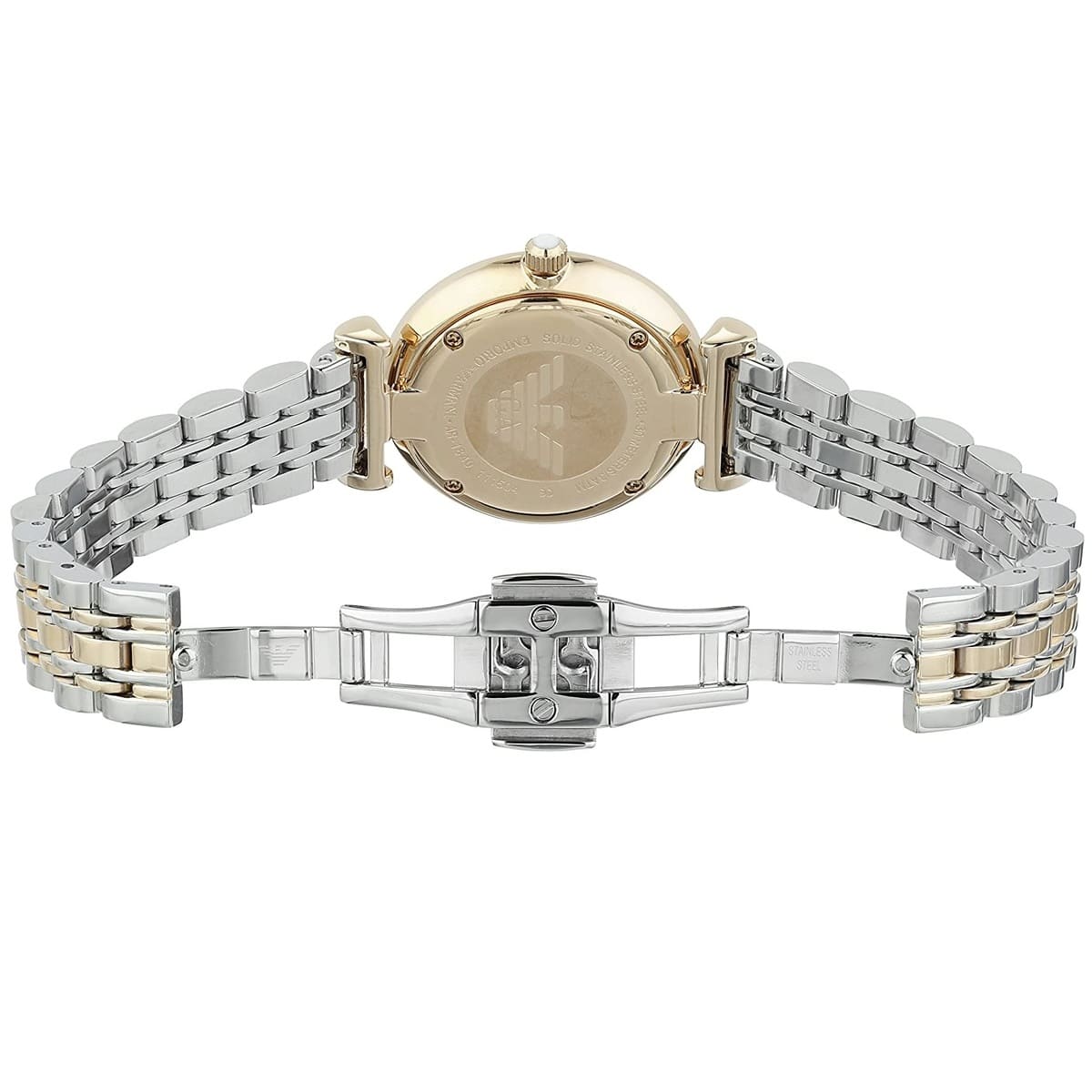 Emporio Armani Gianni T-Bar AR2076 32mm Women's Quartz Watch – Two-Tone Crystal-Set & Two-Tone Silver and Rose Gold Stainless Steel Bracelet