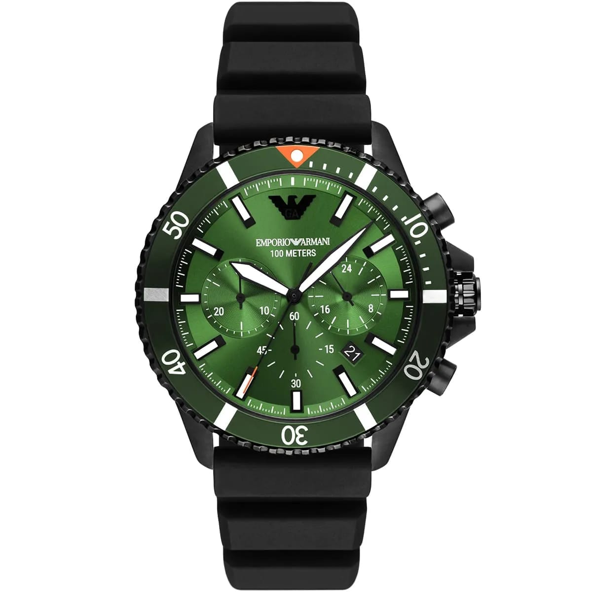 Emporio Armani Diver AR11463 43mm Men's Chronograph Watch – Green Sunray & Green Silicone Strap